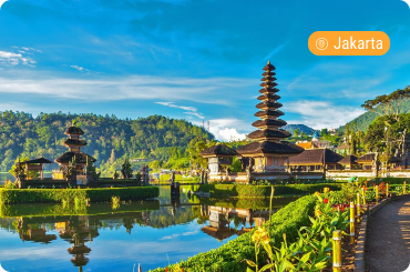 Ulun Danu Beratan temple overlooking a lake and mountains in Bali