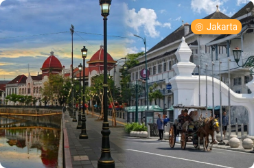Historic street and colonial buildings along a canal in Semarang